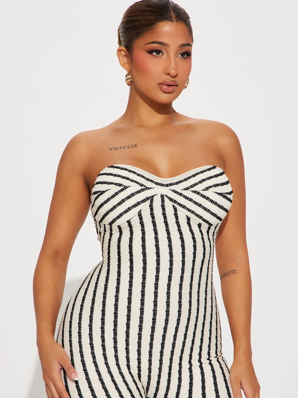Strapless Ivory & Black Striped Bodycon Romper